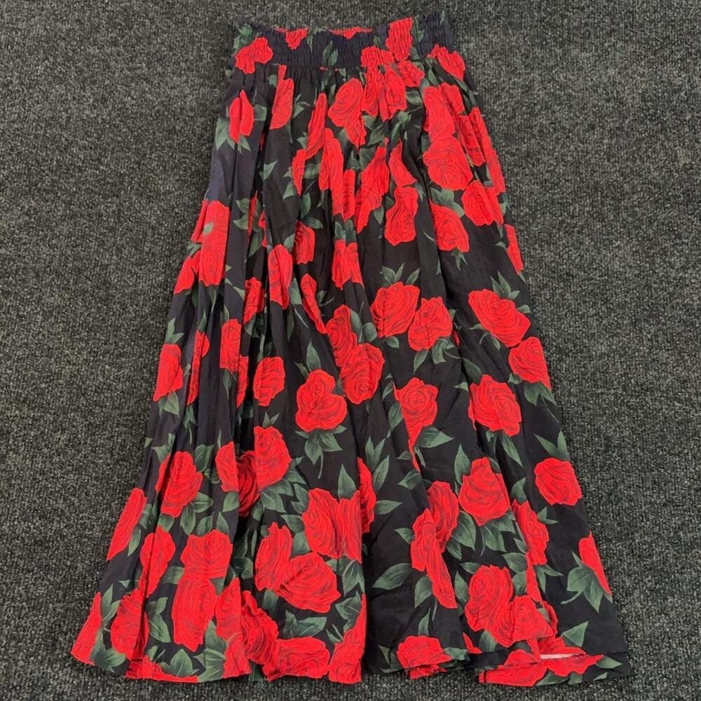 P.d.t. Pieces Detachees Skirt Womens S Red Floral Pleated Long Elastic Waist